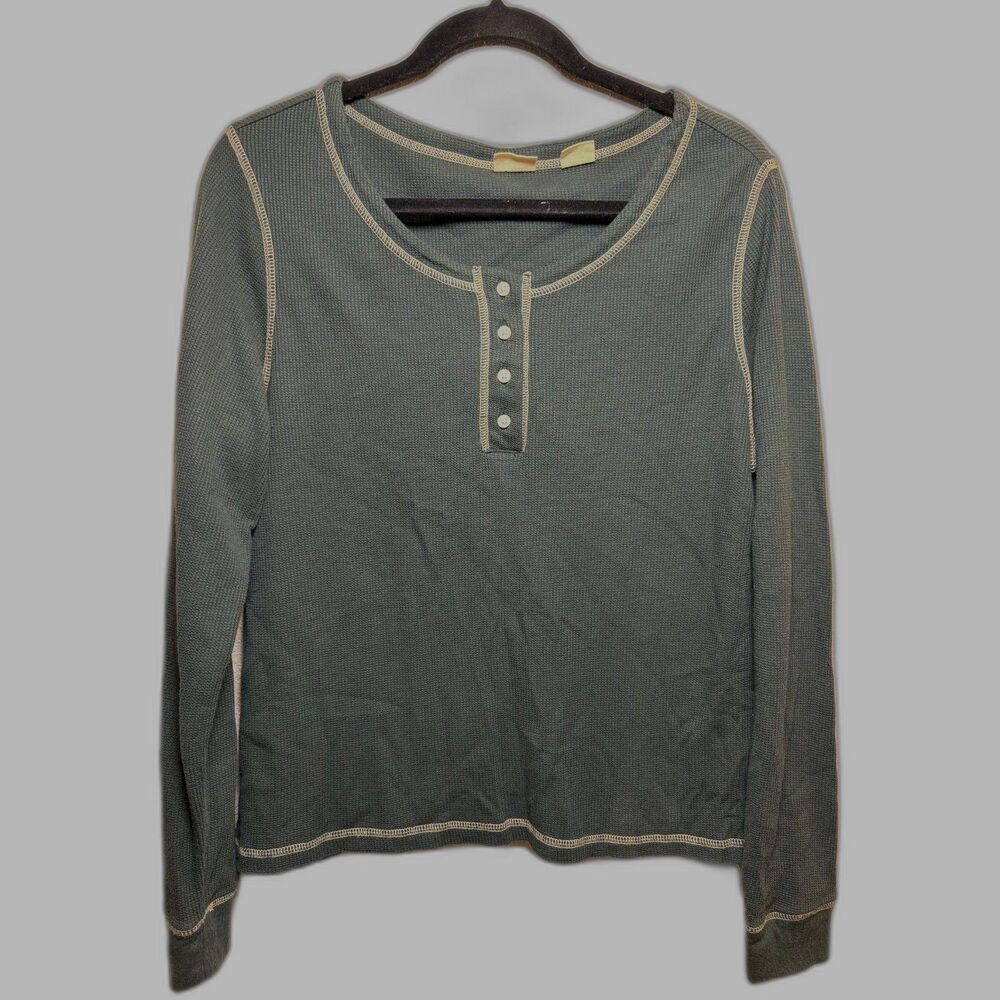 Levi's Waffle Knit Thermal Henley Shirt Mens XL Green Gray Long Sleeve Button